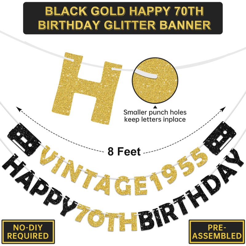 Eucutur Pre-Strung Black Gold 70th Birthday Banner Decoration for Men Women, Glitter Vintage 1955 Happy 70th Birthday Party Supplies, Cheers to 70 Years Old Bday Party Decor Sign - Image 2